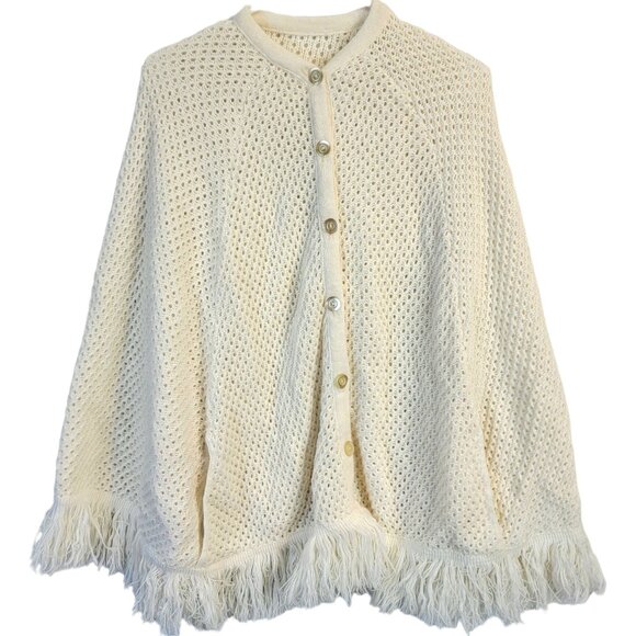 Vintage 70s Crochet Poncho Cardigan Wrap Jacket Shawl Women One Size Fall Winter - Picture 2 of 16